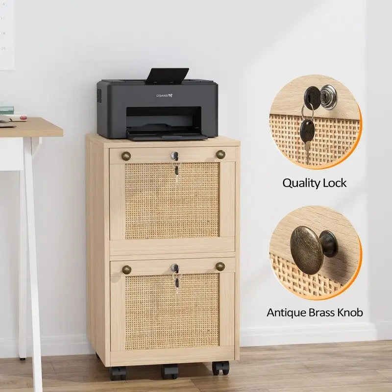 Caisson de rangement mobile en bois et rotin à 2 tiroirs avec serrure