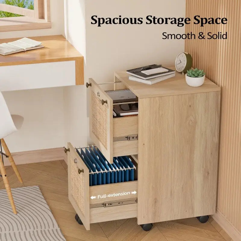 Caisson de rangement mobile en bois et rotin à 2 tiroirs avec serrure