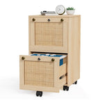 Caisson de rangement mobile en bois et rotin à 2 tiroirs avec serrure
