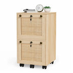 Caisson de rangement mobile en bois et rotin à 2 tiroirs avec serrure